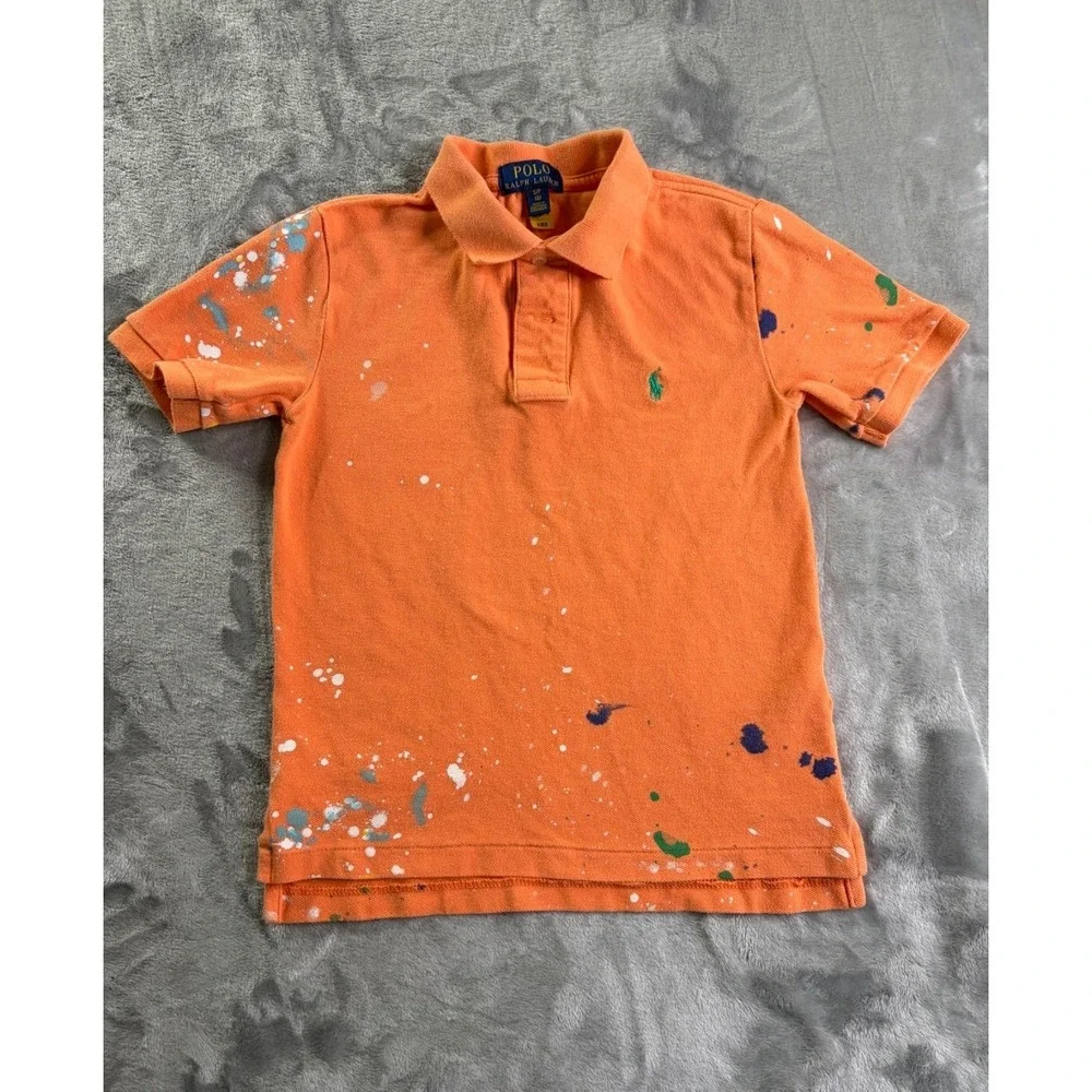 Polo Ralph Lauren Boys Size 8 Orange Paint Splatter Short Sleeve Shirt